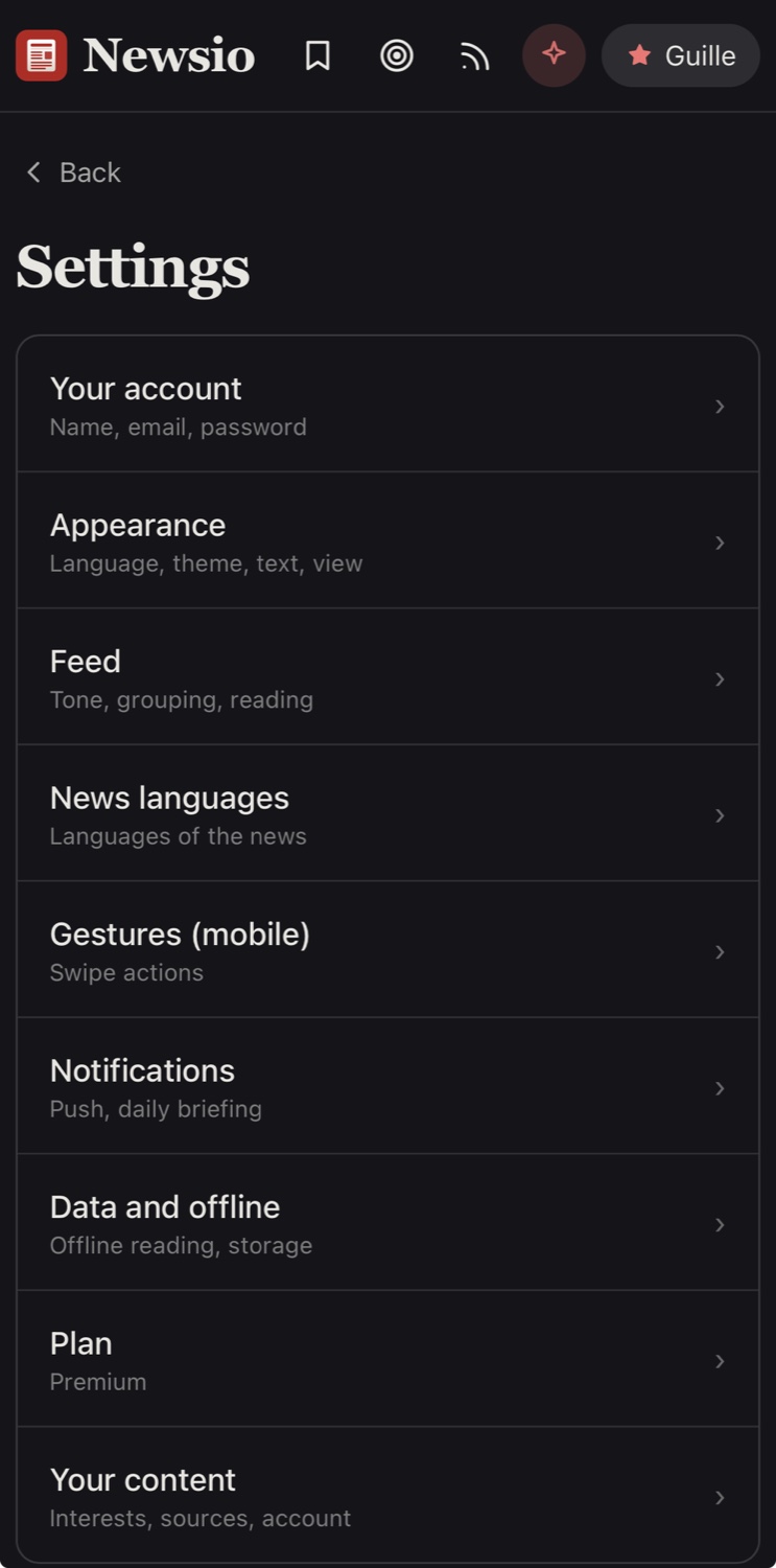 Newsio on mobile — settings